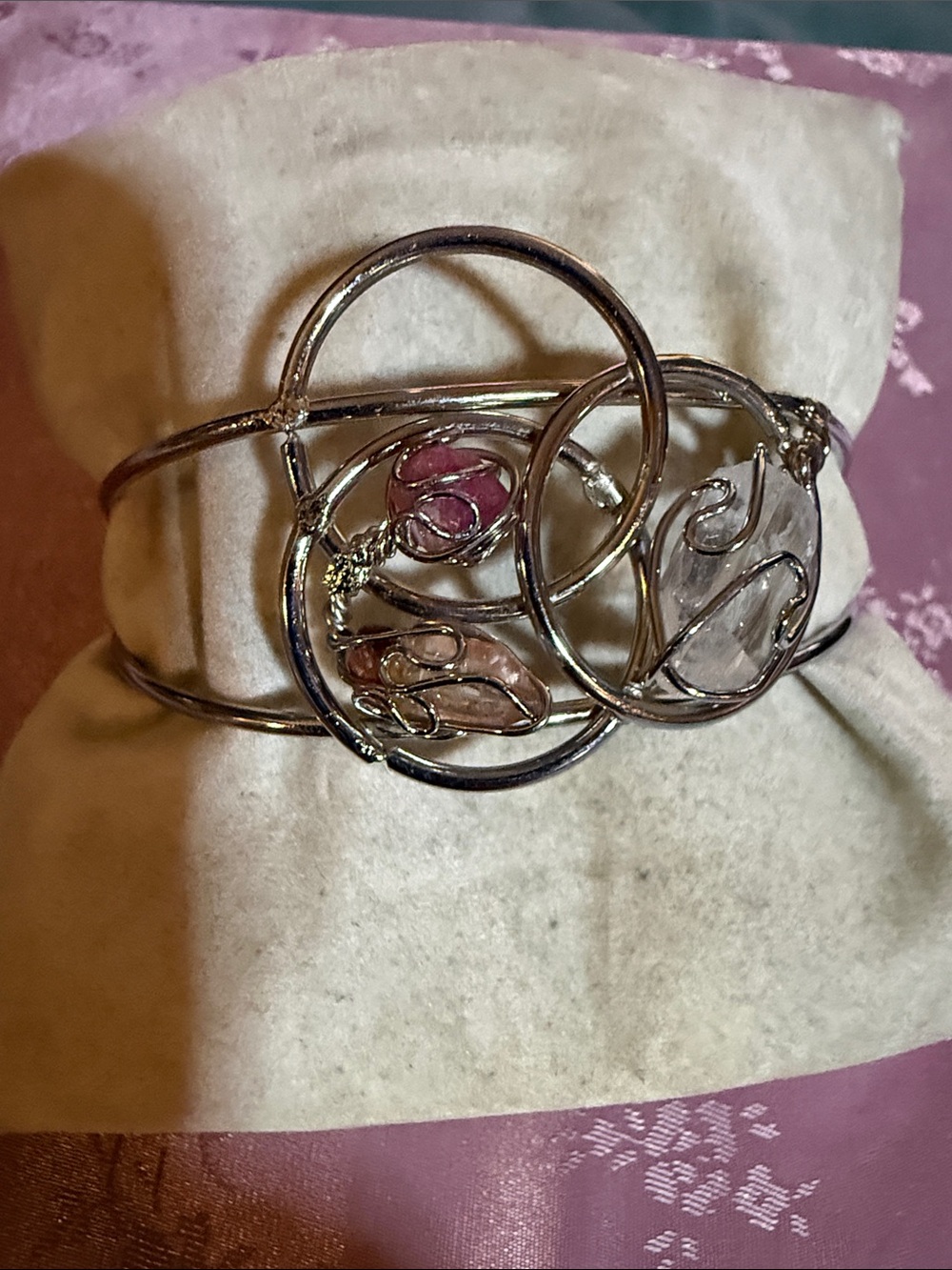 Silver-Tone Multi Circle Wire Bangle with Pink and Clear Accents